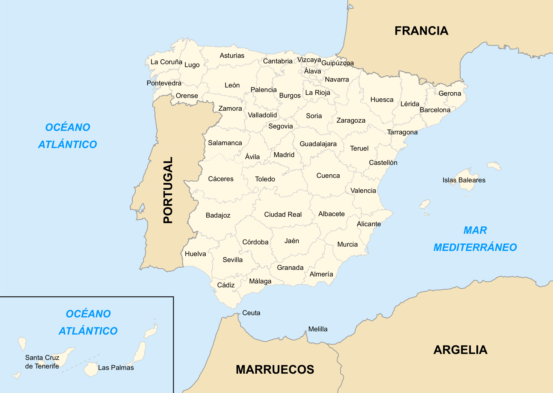 Mapa de las provincias de España con las ciudades visitadas